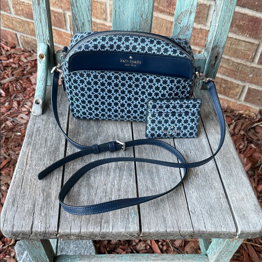 Kate Spade NY Link Camera Bag Blue Multi Saffiano PVC w/Matching Card Holder - Picture 1 of 16